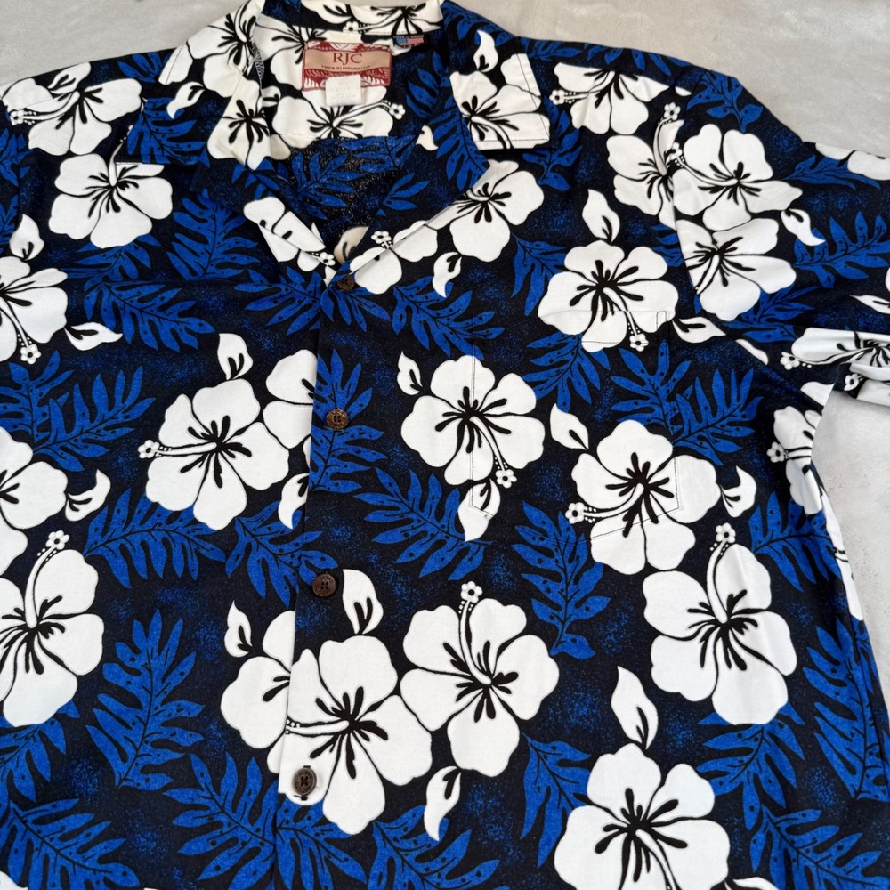 RJC Hawaiian Shirt Mens XL Blue White Hibiscus Floral Cotton Aloha Made in USA - Picture 2 of 5